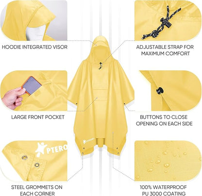 PTEROMY Hooded Rain Poncho for Adult with Pocket, Waterproof Lightweight Unisex Raincoat for Hiking Camping Emergency
