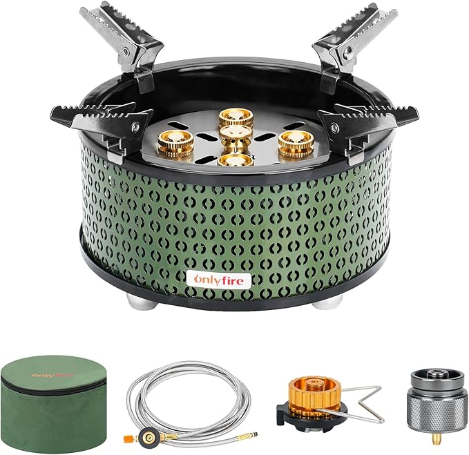ONLYFIRE Portable Camping Gas Stove with Storage Bag & Foldable Brackets, 5 Burners Camp Stove 3 Fuels Adapters, Propane Stove for Outdoor Cooking Picnic Camping Backpacking Hiking, Green GS344