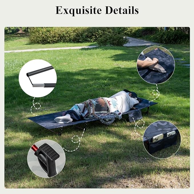 TOMOUNT Camping Cot Ultralight Folding Width 2.3ft Camping Cot for Adults Backpacking Cot for Camping Hiking Camping cots(Black Camouflage)
