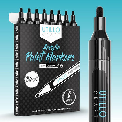 Utillo Craft (8-Pack Black Paint Pens | Medium Tip Made in Japan | Bold Color+100% Coverage on Rock, Wood, Fabric, Glass, Paper, Plastic, Metal, Canvas | 2-3mm Black Acrylic Paint Markers