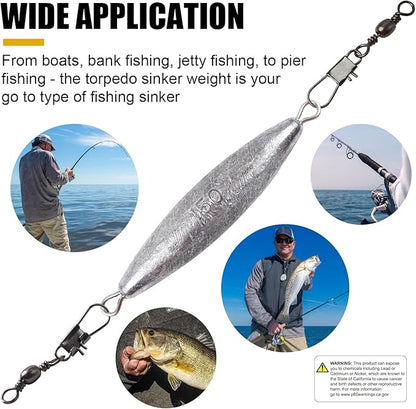 Through Wire Inline Torpedo Sinkers, Lead Double Ringed One Piece Wire Saltwater Fishing Torpedo Weights for Bottom Surf Fishing 1oz, 2oz, 3oz, 4oz, 5oz