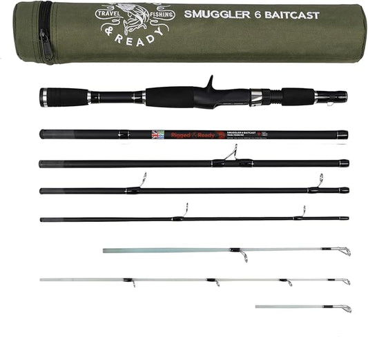 Rigged and Ready Smuggler Series Travel Fishing Rods. 6 Portable, Super Compact Spin, Bass, Carp, Lure, Rod Reel Combination and 5 Poles + Case. 2 or 4 Tips for Freshwater and Saltwater Fishing