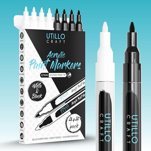 Utillo Craft (8-Pack White+Black Paint Pens | Extra Fine Tip Made in Japan | Bold Color+100% Coverage on Rock, Wood, Glass, Paper, Plastic, Metal, Canvas | 0.7mm White and Black Acrylic Paint Markers