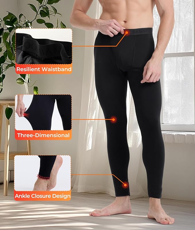 Men's Lightweight Thermal Underwear Bottoms Fleece Lined Long Johns for Men Base Layer Pants for Cold Weather