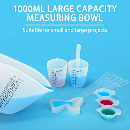 Creahaus 1000ML Large Silicone Measuring Cups for Resin, Easy to Read 36oz Silicone Mixing Bowl with 100ML Mixing Cup, Easy Clean Reusable Epoxy Resin Supplies with Stir Stick, Pipettes