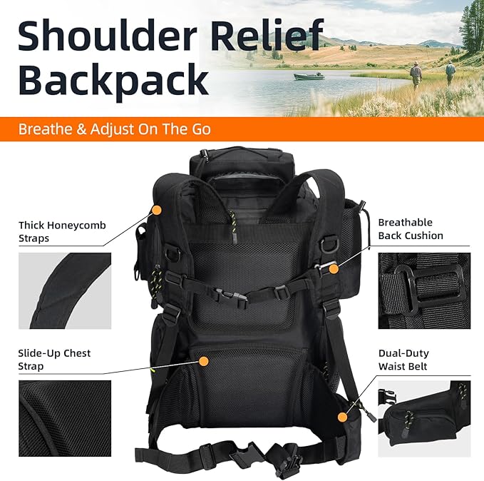 Ghosthorn Fishing Tackle Backpack with 4 3600 Tackle Boxes Rod Holder Outdoor 43L Large Bag with Detachable Wasit Bag Storage Fishing Gear and Equipment Waterproof