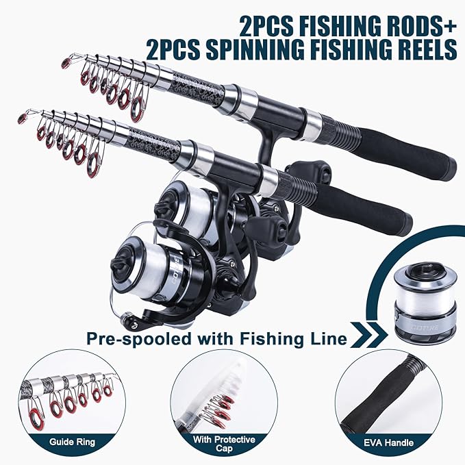 Goture Fishing Rod and Reel Combos-2PCS Telescopic Fishing Pole+2PCS Pre-Loaded Spinning Reels with Carrier Bag,1.8M-2.7M Telescopic Rod Reel Kit for Starter Travel Saltwater Freshwater,Gifts for Men
