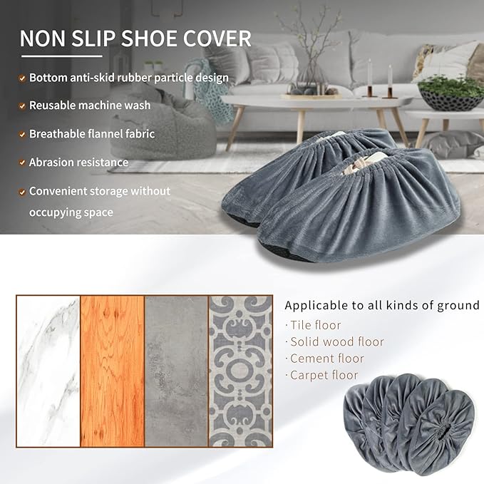 5 Pairs Reusable Shoe Covers, Non Slip Shoe Protectors Covers, Universal Soft Washable Thickened Foot Boot Shoe Covers for Indoors Home Laboratory (Grey)