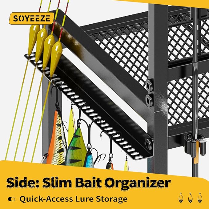 SOYEEZE Large Size Fishing Rod Holders for Garage, Heavy Duty 3-Tier Fishing Pole Rack with Pegboard and Hooks, Fishing Gear Organizer Up to 12 Rods, Rolling Fishing Storage Cart with Lockable Wheels