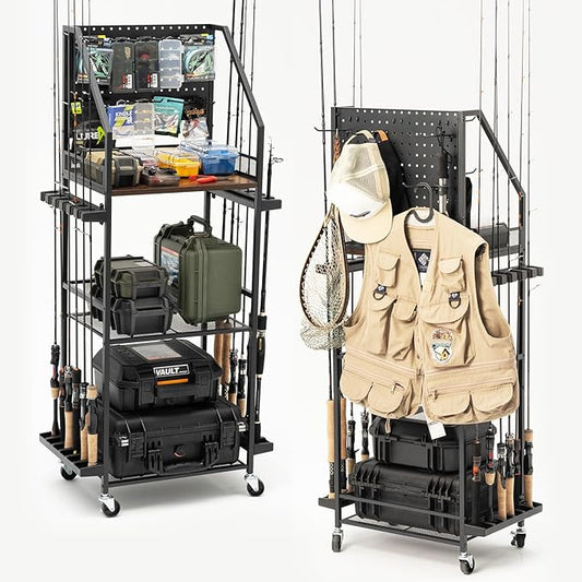 SOYEEZE Fishing Rod Holders for Garage with Pegboard and Lockable Wheels, 3-Tier Fishing Pole Rack with 10 Hooks, Fishing Gear Tackle Box Organizer Up to 12 Rods, Rolling Fishing Storage Cart