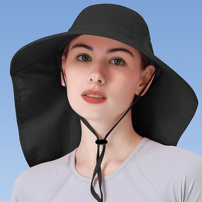 Womens Sun Hat UV Protection, Foldable Waterproof Wide Brim Bucket Hats with Neck Flap for Summer Beach Fishing Hiking