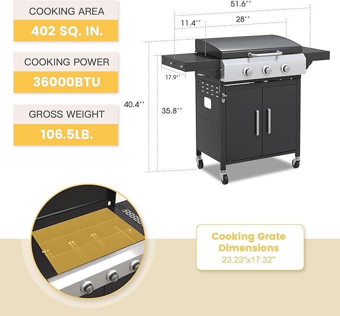 DIFY 3-Burner Propane Gas Griddle Grill, 28 in Flat Top Griddle Grill with Porcelain-Enameled Grates and Stainless Steel Frying Pan, 36000 BTU Output Barbecue Grills for Outdoor Barbecue