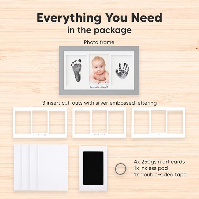 Inkless Baby Hand and Footprint Kit Boy, Girl - No Mess Ink Pad for Handprint, Clean Touch Dog Paw Print Kit, Personalized Baby Shower Gifts, Nursery Newborn Keepsake Frame (Cloud Gray)