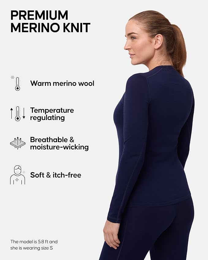 DANISH ENDURANCE Merino Wool Long Sleeve for Women, Thermal Vests for Women, Base Layer Underwear Tops, Winter Thermals