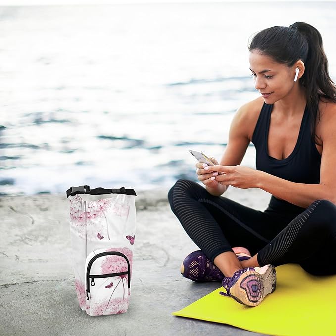 Pink Dandelion and Butterfly01 Water Bottle Holder with Strap Insulated Water Bottle Carrier Crossbody Bags Pouch with Phone Pocket for Travel Gym Hiking Walking Running