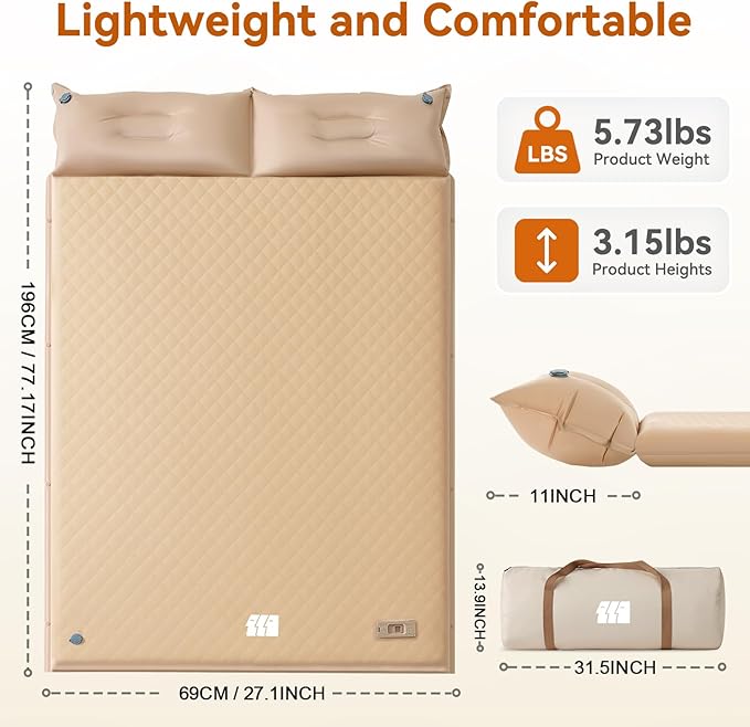 Self Inflating Sleeping Pad with Pump, 3.14" Thick Memory Foam Double Sleeping Mats with Pillow (Khaki)