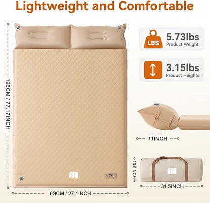 Self Inflating Sleeping Pad with Pump, 3.14" Thick Memory Foam Double Sleeping Mats with Pillow (Khaki)