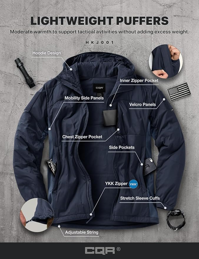 CQR Men's Lightweight Insulated Jacket, Windproof Packable Water Resistant Warm Active Coat for Hiking Work Outdoor Tactical