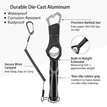 Eupheng 11.8'' Heavy-Duty Fish Gripper with Scale Rustproof Aluminum Body, Non-Slip Rubber Handle, Built-in Weight Estimator & Wrist Lanyard