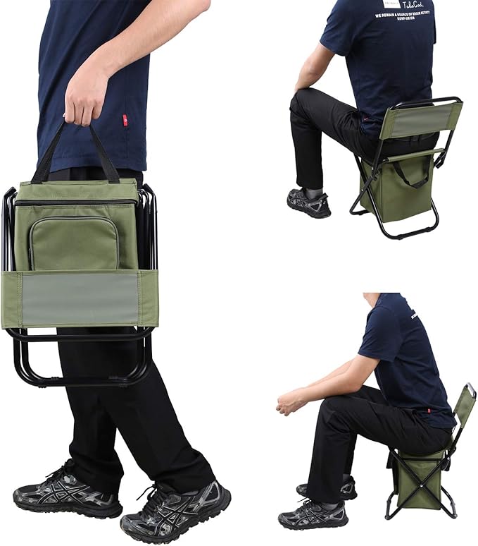 LEADALLWAY Fishing Chair with Cooler Bag Compact Fishing Stool Foldable Camping Chair