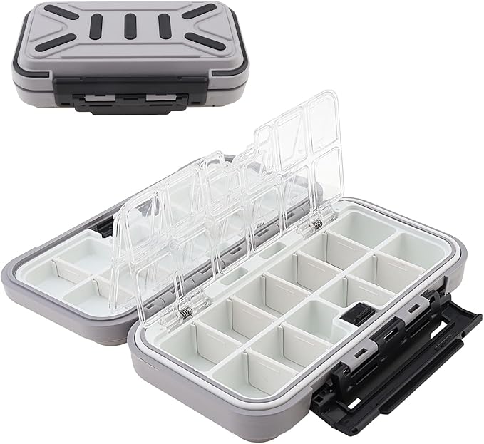 OriGlam Fishing Tackle Storage Box, Double Sided Waterproof 16 Compartments, Tackle Storage Organizer Box, Fishing Lure Box Storage Containers (Gray)