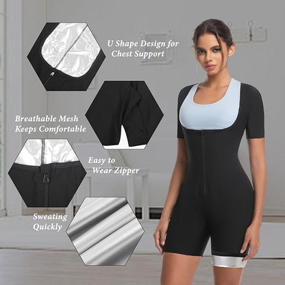 Sauna Suit for Women Weight Loss Sweat Waist Trainer Shaper Full Body Compression Shirt Slimming Workout Sweat Suit