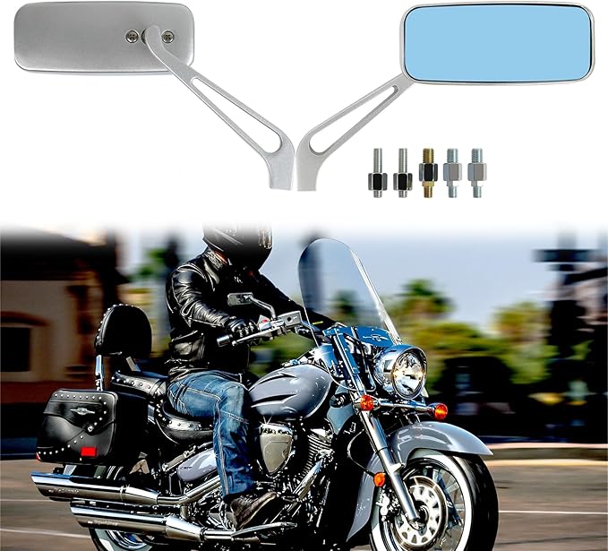 Devilmotor Black Rectangle Motorcycle Bobber Mirrors for Cruiser Chopper with Smoke Blue 8mm-10mm (Silver)