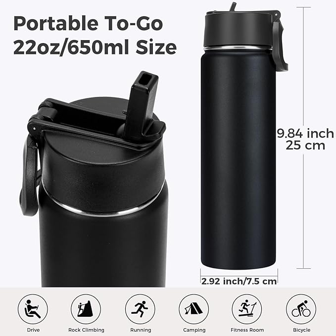 Neihepal 22 oz Insulated Water Bottles Bulk, Double Walled Vacuum Stainless Steel Water Bottle Multipack with Leak Proof Straw Lid for Men, Adults, Kids, Gym, Sports (Mix,4 Pack)