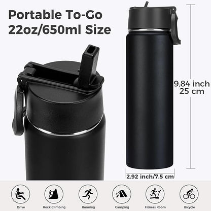 Neihepal 22 oz Insulated Water Bottles Bulk, Double Walled Vacuum Stainless Steel Water Bottle Multipack with Leak Proof Straw Lid for Men, Adults, Kids, Gym, Sports (Mix,4 Pack)