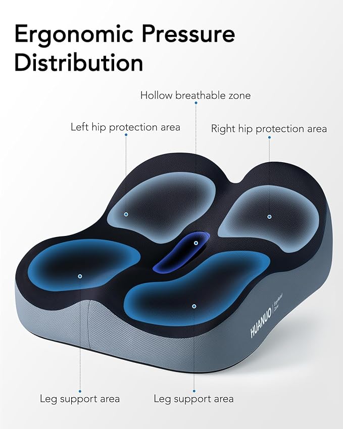 HUANUO Office Seat Cushion for Tailbone Support, High-Density Memory Foam Cushion, Breathable Coccyx Cushion, Non-Slip Bottom for Sciatica Relief, Perfect for Office, Car, and Wheelchair