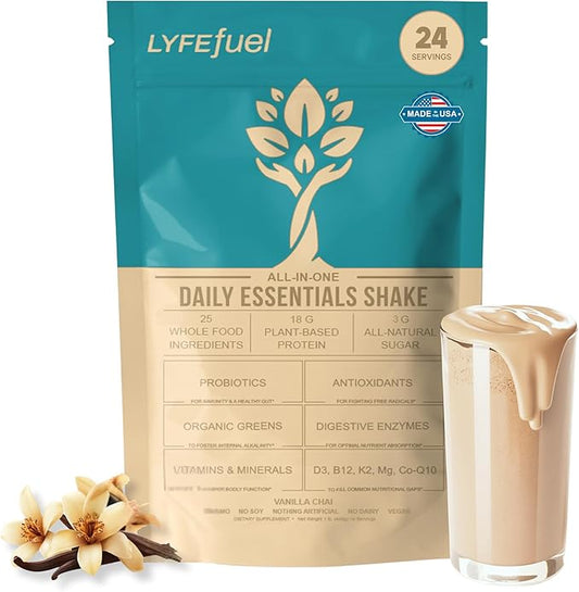 LyfeFuel All-in-One Essentials Nutrition Shake | Complete Meal Replacement Powder | 50+ Superfood Blend, 18g Plant- Based Protein - Vanilla, 24 Servings