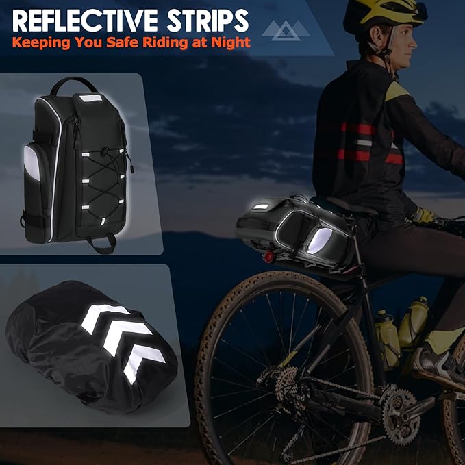 RAINSMORE Bike Bags for Bicycle Rear Rack 15L Waterproof Bike Ebike Trunk Pannier Saddle Bag with Rain Cover Bike Accessories Backpack Shoulder Bag for Commuter Travel Outdoor, Grey