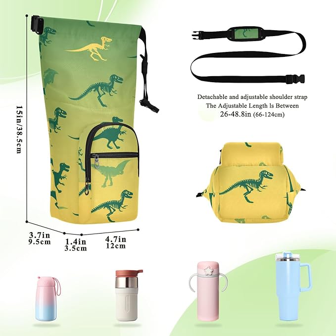 Gradient Green and Yellow Dinosaur Water Bottle Holder with Strap Insulated Water Bottle Carrier Crossbody Bags Pouch with Phone Pocket for Travel Gym Hiking Walking Running
