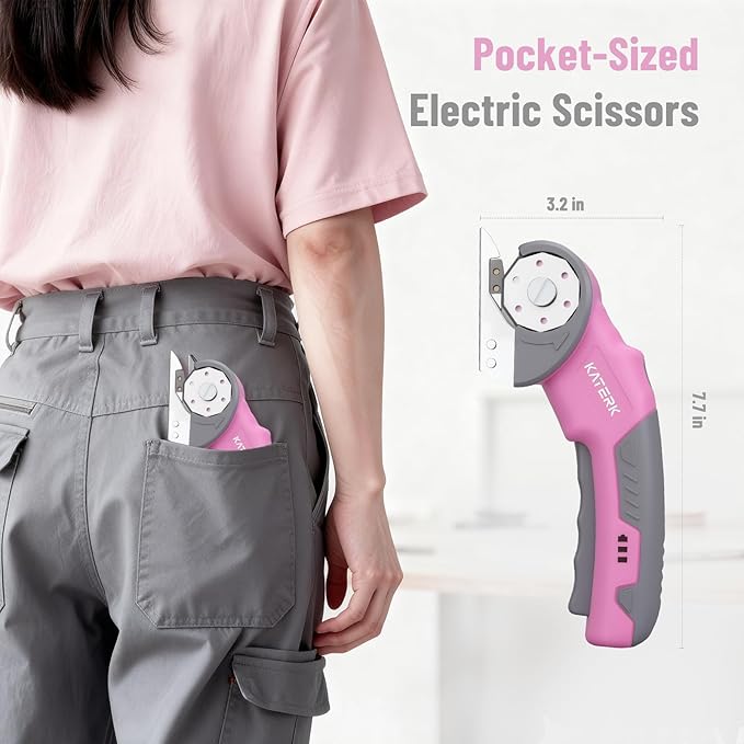 Katerk Cordless Electric Scissors with Safety Lock & LED Light, Pocket-sized Box Carpet Cardboard Cutters Tool, Ambidextrous Use, Rotary Cutter for Fabric, Leather, Plastic, Crafting, Industrial