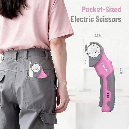Katerk Cordless Electric Scissors with Safety Lock & LED Light, Pocket-sized Box Carpet Cardboard Cutters Tool, Ambidextrous Use, Rotary Cutter for Fabric, Leather, Plastic, Crafting, Industrial