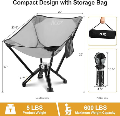 Folding Camping Chairs - 600 LBS Capacity Heavy Duty Camping Chair, Compact Folding Chair with Quick Setup & Carry Bag - Portable Camp Chair for Travel, Sports, Lawn, Beach - Silver