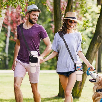 Water Bottle Carrier Holder with Shoulder Strap Water Bottle Handle Strap Sling for Stanley 30&40oz Tumblers with 2pc Straw Covers Toppers for Stanley Cup Accessories (Floral Print)