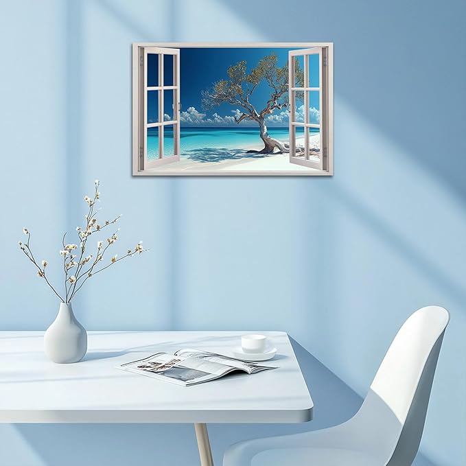 ANRUOXI Beach Picture Wall Art for Living Room, Blue Ocean Painting Decor for Bedroom, White Window Frame Style Palm Trees Canvas Wall Decor, Coastal Landscape Artwork for Offices Bedroom 18x24 Inch