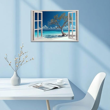 ANRUOXI Beach Picture Wall Art for Living Room, Blue Ocean Painting Decor for Bedroom, White Window Frame Style Palm Trees Canvas Wall Decor, Coastal Landscape Artwork for Offices Bedroom 18x24 Inch