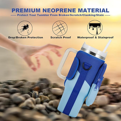 Water Bottle Carrier Bag with Phone Pocket for Stanley 40 & 30 oz Tumbler with Handle,Pink Insulated Neoprene Cup Holder Pouch w/Adjustable Strap for Quencher H2.0 Stanley Cup Accessories