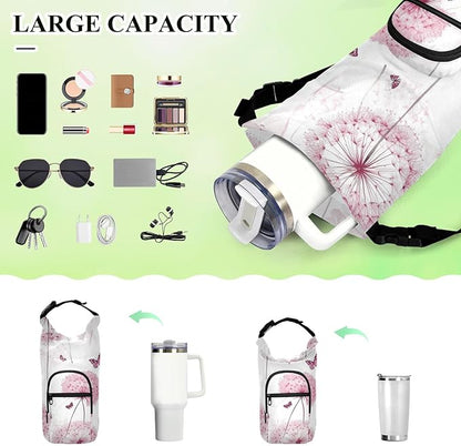 Pink Dandelion and Butterfly01 Water Bottle Holder with Strap Insulated Water Bottle Carrier Crossbody Bags Pouch with Phone Pocket for Travel Gym Hiking Walking Running