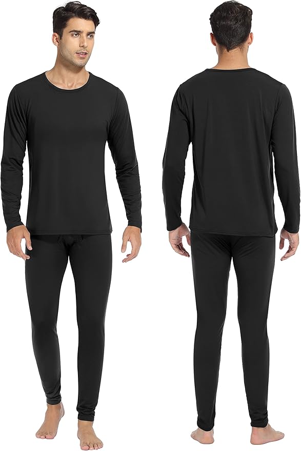 URATOT 2 Sets Men's Thermal Underwear Set Fleece Lined Thermal Underwear Soft Long Johns Top Bottom Set for Men Cold Winter