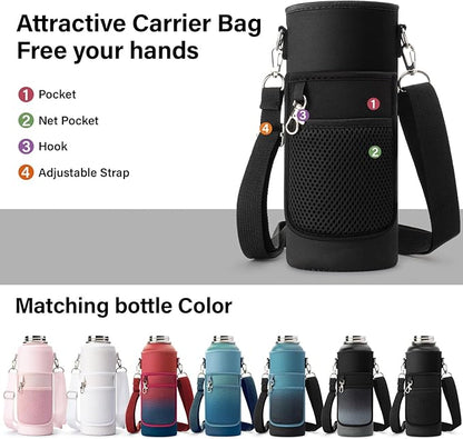 40 oz Insulated Water Bottle | Thickened Stainless Steel Vacuum Metal | Portable Sports Water Jug for Gym and Hiking with Straw, Carrier Bag, Handle Strap | BPA-Free 40 oz, Black