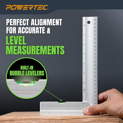 POWERTEC L Square 3pc, Try Square, 90 Degree Measuring Tools w/Bubble Levels, Machinist Square for Router Fence, Table Saw Blade, Woodworking, Carpentry Work, Frame Work (80005)