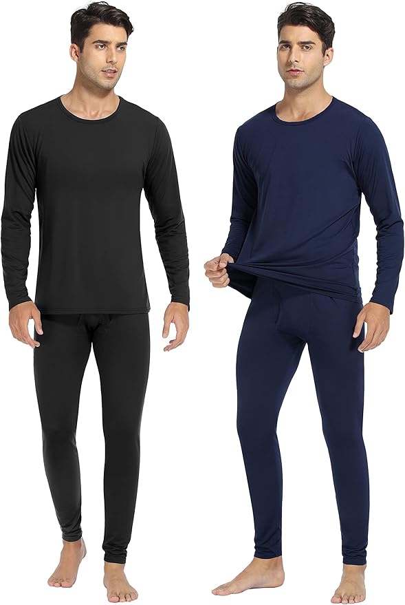 URATOT 2 Sets Men's Thermal Underwear Set Fleece Lined Thermal Underwear Soft Long Johns Top Bottom Set for Men Cold Winter