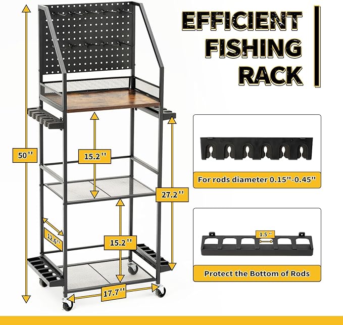 SOYEEZE Fishing Rod Holders for Garage with Pegboard and Lockable Wheels, 3-Tier Fishing Pole Rack with 10 Hooks, Fishing Gear Tackle Box Organizer Up to 12 Rods, Rolling Fishing Storage Cart
