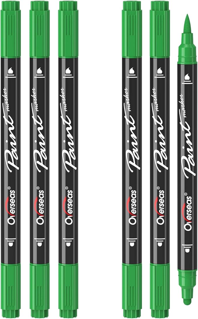 Overseas Green Acrylic Paint Markers, 6 Pack Dual Tip Paint Pens Acrylic Markers - Dot and Brush Tip Coloring Marker for Wood, Rock, Canvas, Glass, Metal, Plastic, Rubber, Fabric, School Supplies