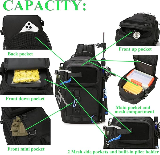 Fishing Backpack - Tackle Sling Bag- Fishing Gear Bags with Rod Holder and Fish Plier (Tan)