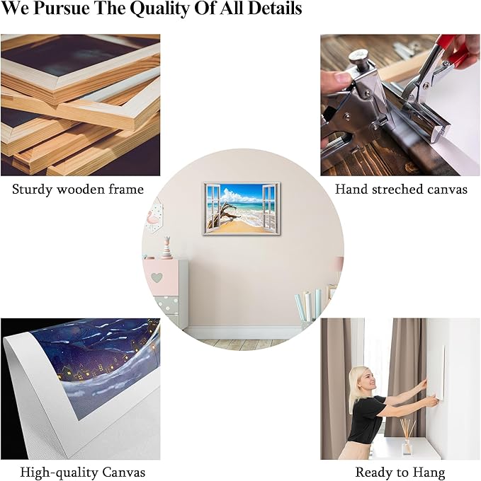 ANRUOXI Beach Pictures Wall Art Decor for Living Room, Blue Ocean Painting Decor for Bedroom, White Window Frame Style Broken Tree Canvas Wall Decor, Coastal Landscape Artwork for Office 28x40 Inch