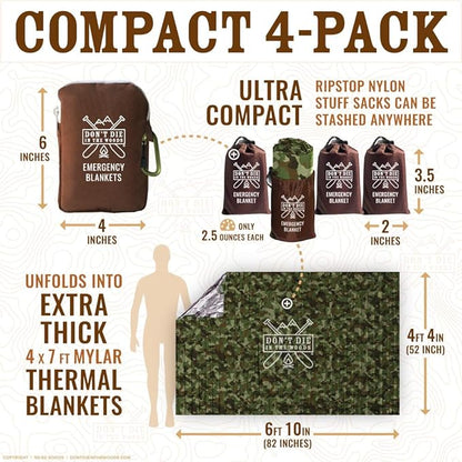 Don't Die In The Woods - Extra Thick Emergency Blankets [4-Pack] World’s Toughest Thermal Mylar Space Blanket | Outdoor Survival Gear for Hiking Camping First Aid Kit (Camo)